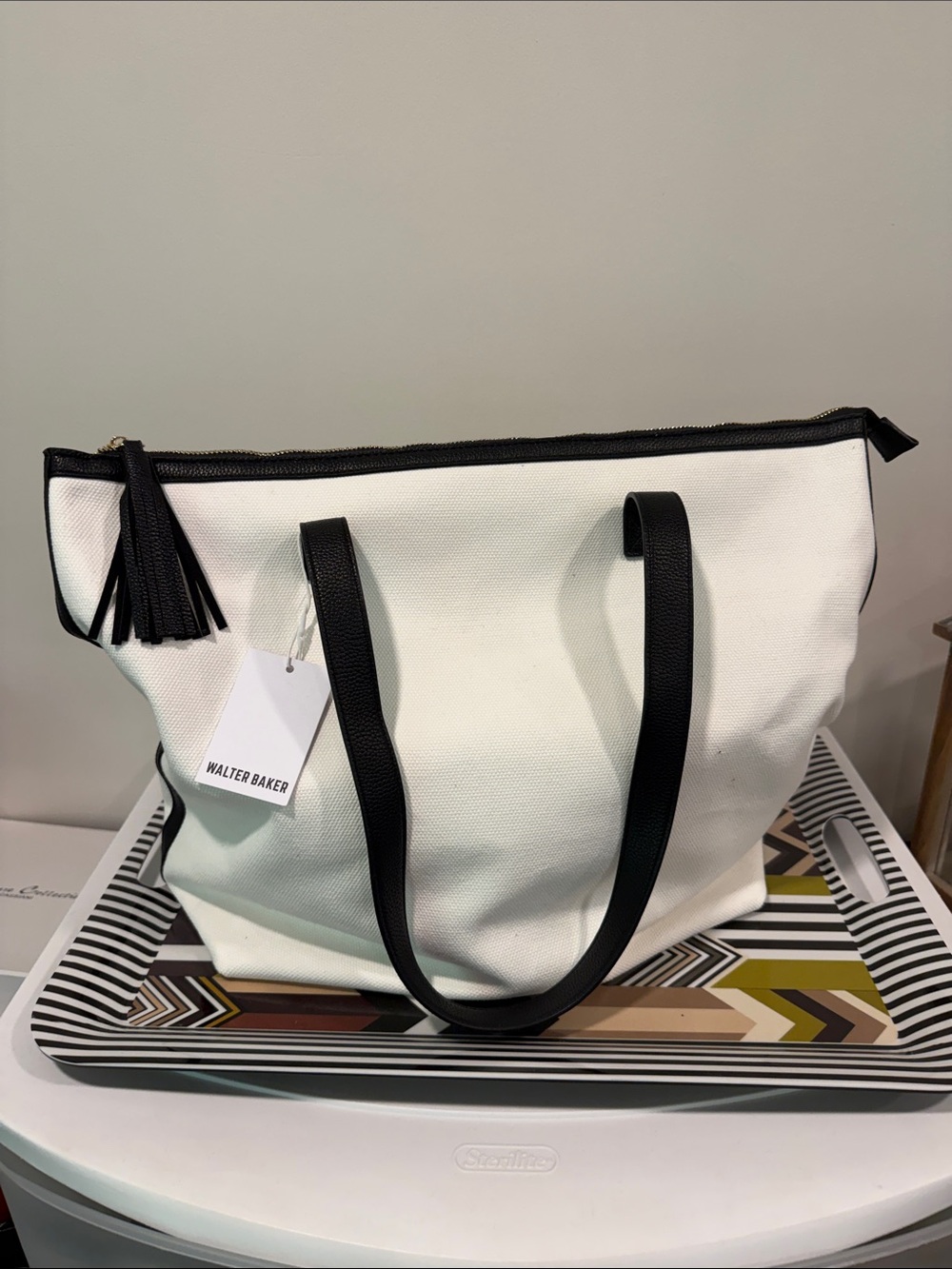 Walter Baker White Canvas Tote with Black Trim
